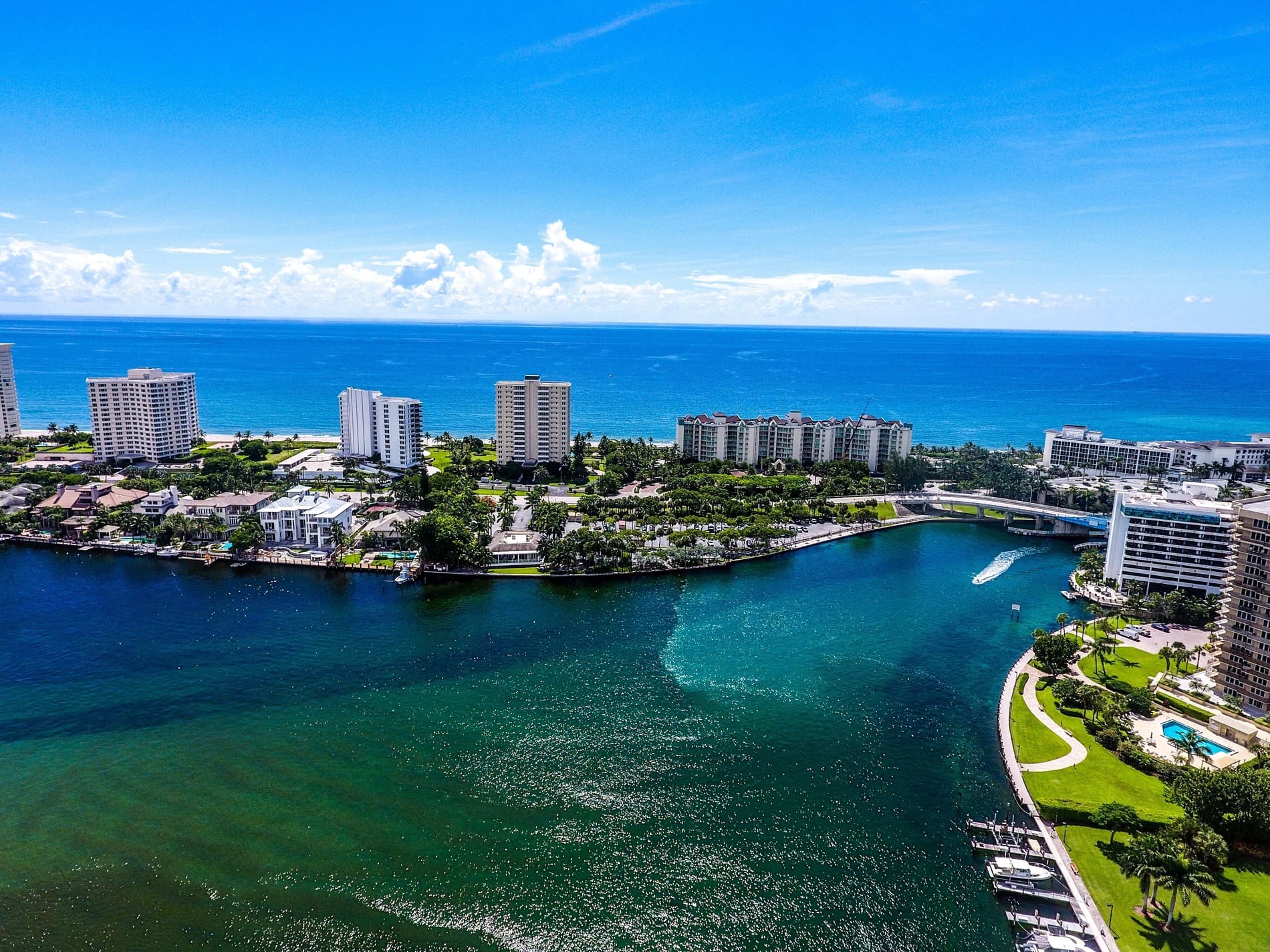 An aerial view of Boca Raton condos along the water.